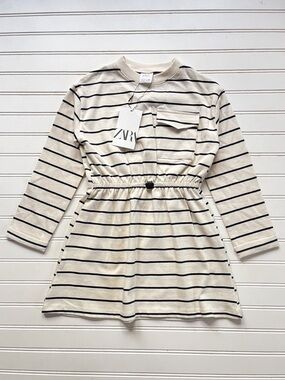 ZARA NWT Neutral Cream & Black Striped Elastic Bungee Waist Long Sleeve Dress